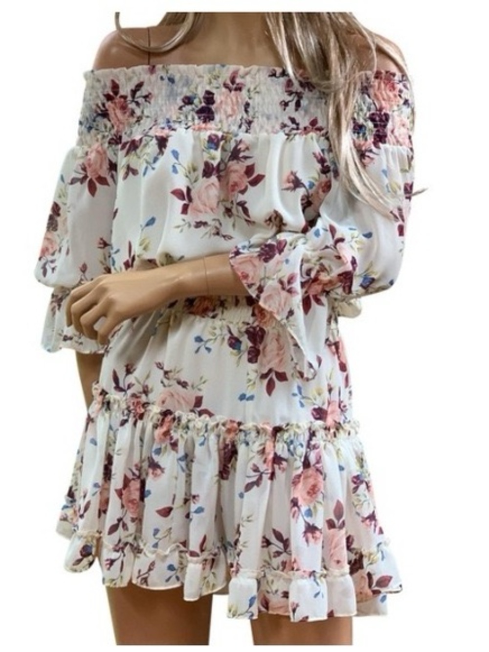 Misa Los Angeles Off-Shoulder Floral Mini Dress - White with Pink and Burgundy